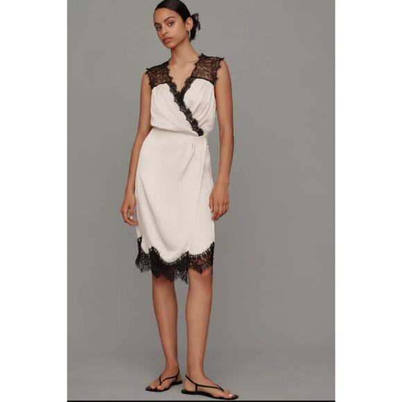 NWT By Anthropologie Sleeveless V-Neck Lace Wrap Midi Dress $168 MEDIUM Beige - Picture 6 of 7